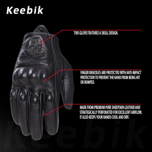 Goatskin Leather Motorcycle Motorbike Powersports Racing Gloves Reflective Skull Touchscreen for Men and Women Model (HEE9 / X-Large)