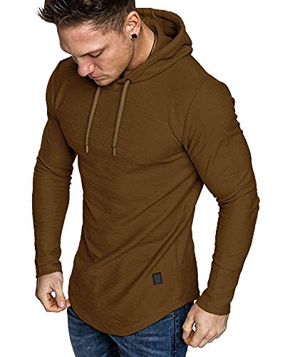 Mens Fashion Athletic Hoodies Sport Sweatshirt Solid Color Fleece Pullover Brown Large (Large / Brown)