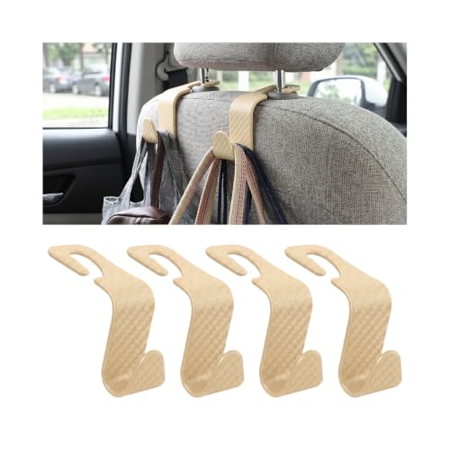 4 Pack Headrest Hooks for Vehicle Seats (Carbon Fiber/Beige)