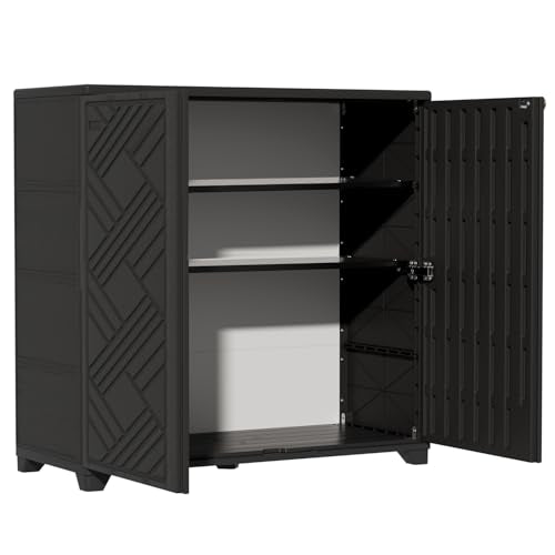 Indoor Outdoor Storage Cabinet Waterproof (Cabinet With 2 Shelf, Black)