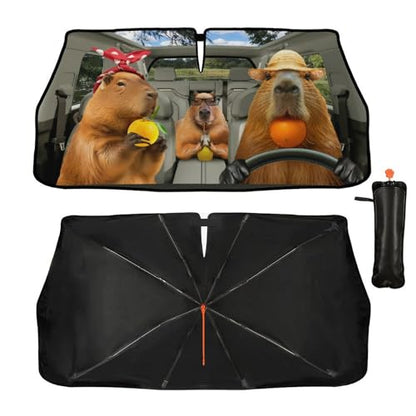 Funny Capybara Car Windshield Sunshade Umbrella Capybaras Sun Shade Umbrella for Car Foldable Windshield Umbrella Block UV Rays Heat Keep Vehicle Cool for Cars SUV 57"x30" (funny capybara1)