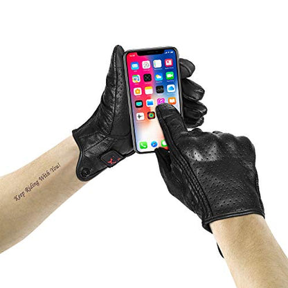 Full finger Goat Skin Leather Touch Screen Motorcycle Gloves Men (Perforated / X-Large)