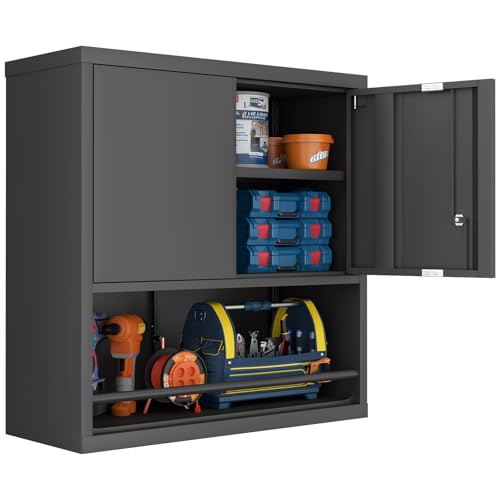 Locking Metal Garage Wall Cabinet with Doors and Shelf (Black / 31"H)