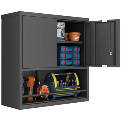 Locking Metal Garage Wall Cabinet with Doors and Shelf (Black / 31"H)