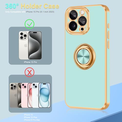 for iPhone 15 Pro Case 360° Rotatable Ring Holder Kickstand Shiny (For iPhone 15 Pro(6.1 inch,2023) / Mint Green)