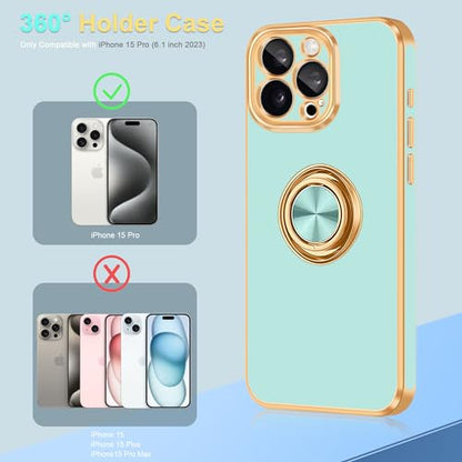 for iPhone 15 Pro Case 360° Rotatable Ring Holder Kickstand Shiny (For iPhone 15 Pro(6.1 inch,2023) / Mint Green)