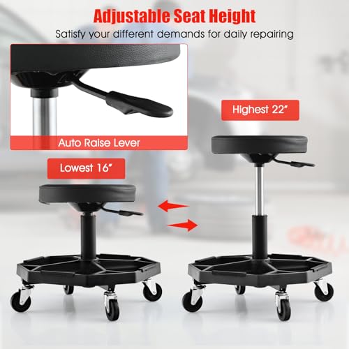Rolling Mechanic Stool with Removable Tool Tray & Padded Cushion (Bottom Tool Tray / Black)