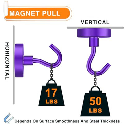 Magnetic Hooks 50Lbs+ Heavy Duty Magnet Hook for Cruise Cabins (Purple / 4Pack-40LB)
