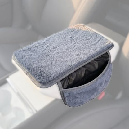 Plush Fuzzy Fur Car Armrest Cover with Side Pockets