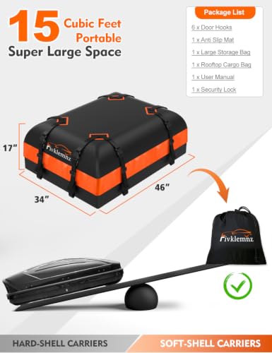 Car Rooftop Cargo Carrier Roof Bag Waterproof for All Top of Vehicle with (15 Cubic Feet)