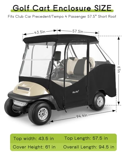 4 Passenger Golf Cart Enclosure for Club Car Precedent Tempo 57.5" (for Club Car Precedent 4 Passenger Short Roof / Black)