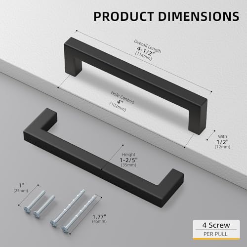 45 Pack 4 Inch Black Kitchen Cabinet Handles Square Drawer Pulls (Matte Black / 4 Inch Hole Centers)