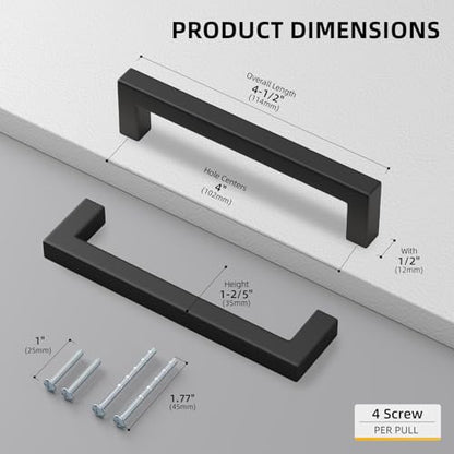 45 Pack 4 Inch Black Kitchen Cabinet Handles Square Drawer Pulls (Matte Black / 4 Inch Hole Centers)
