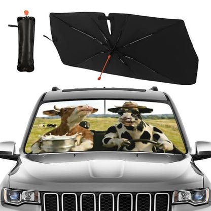 Funny Cow Driving Car Sunshade Umbrella Fun Cow Drink Milk Windshield Sun Shade for Car Retractable Umbrella Sunshades for Front Window Sun Shades Cover Visor Portector Block UV Rays (One Size / Style21)