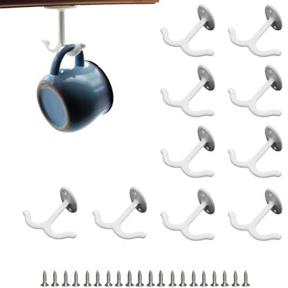 10 Pcs Zinc Alloy Ceiling Double Hook Cabinet Wardrobe Coat Towel Hat Hook Hooks Under Cabinet Shelf (White)