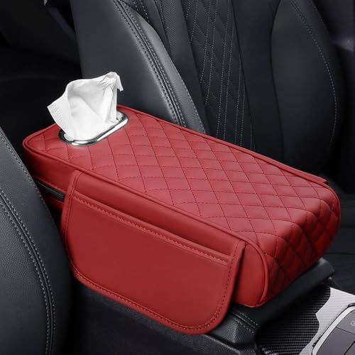 Car Armrest Cover Leather Car Console Covers Box Pad with Pocket and Tissue Box Arm Rest Cover for Car for SUV Truck Sedan Vehicle (favor-red)