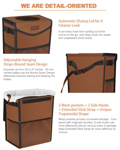 Car Trash Can with Lid Leakproof Car Garbage Bag Vehicle Trash Bin (2 Gallons / Brown)