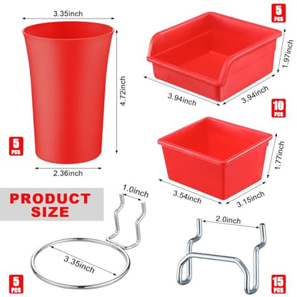 20 Pcs Pegboard Bins and Cups Accessories with Hooks (Red)