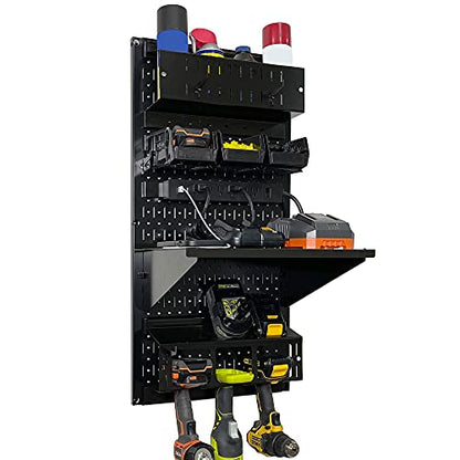 Power Tool Storage Organizer Kit Cordless Drill Holder Charging Station Rack 16” x 32” Metal Pegboard Organization System (Black Pegboard)