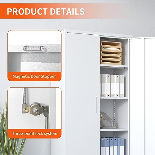 Metal Storage Cabinet for Garage (White / L - 2 Doors & 5 Shelves (Wheelless))