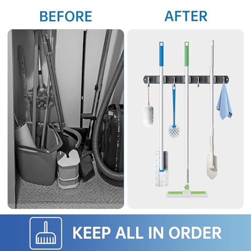 Wall Mount Broom Holder 3 Racks 4 Hooks Metal Tool Organizer Black (1Pack 3R4H / Black)