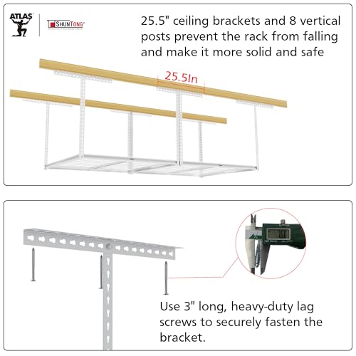 The Atlas 4 x 8 ft Adjustable Height Overhead Garage Storage Rack 900 lbs Heavy Duty Capacity White (900lbs - White)