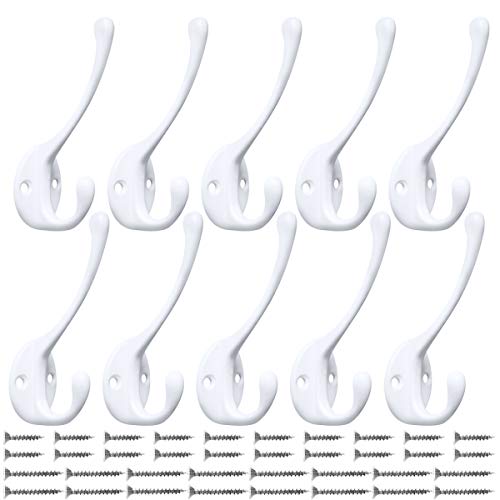 10 Pack Heavy Duty Dual Coat Hooks Wall Mounted with 20 Screws Retro Double Hooks Utility Black Hooks for Coat (White)