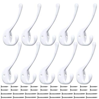 10 Pack Heavy Duty Dual Coat Hooks Wall Mounted with 20 Screws Retro Double Hooks Utility Black Hooks for Coat (White)
