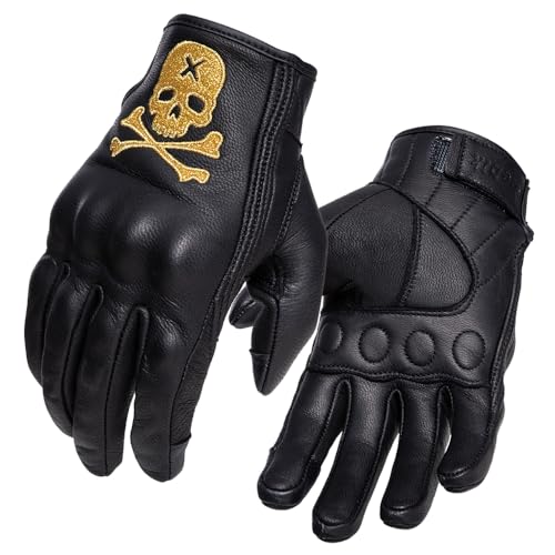 Goatskin Leather Motorcycle Motorbike Powersports Racing Gloves Reflective Skull Touchscreen for Men and Women Model (HEE4 / Small)