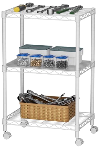 3 Small Wire Shelves Kitchen Pantry Close Home Organizers and Storage Bathroom Shelf Laundry Room Organization Adjustable Book Metal Garage Shelving Unit (White / 3-Tier 11.8"D X 17.3"W X 30.7"H)