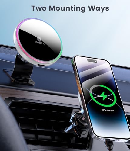 for Magsafe Car Mount Charger 15W LED RGB Car Phone Holder for Dash Vent (Silver)
