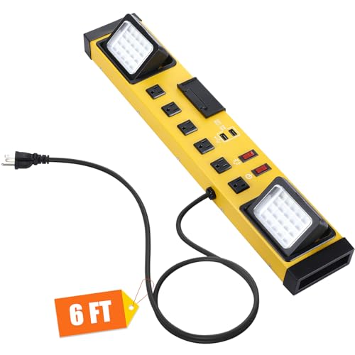6 Outlets Power Strip with LED Worklight (Yellow Black)