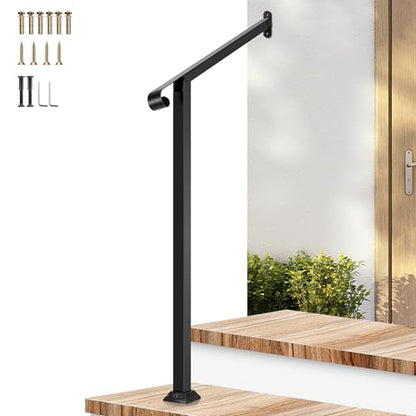 2 Step Stair Handrail 32"x39" Wrought Iron with 1 Curved End Black (Black / 2 Steps)