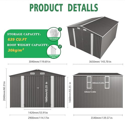 10x12 FT Outdoor Storage Shed with Windows (Gray and Black / 10x12ft)