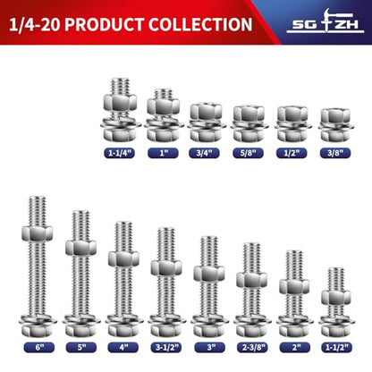 1/4-20 x 1/2" Hex Head Screw Bolt, Nuts, Flat & Lock Washers, 20Pcs 18-8 (304) Stainless Steel, Fully Threaded, by SG TZH (1/4-20 x 1/2" / Silver)