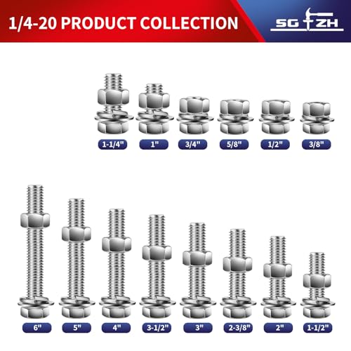 1/4-20 x 1-1/4" Hex Head Screw Bolt, Nuts, Flat & Lock Washers, 20Pcs 18-8 (304) Stainless Steel, Fully Threaded, by SG TZH (1/4-20 x 1-1/4" / Silver)
