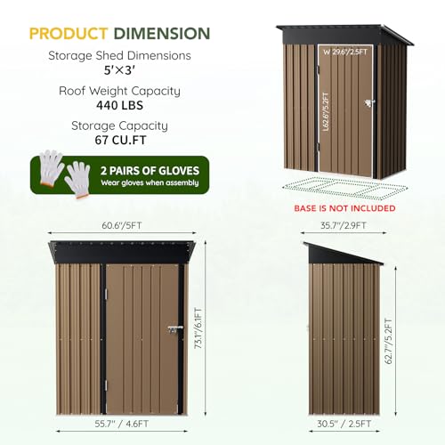 Vertical Outdoor Steel Storage Shed 5 x 3 ft (5X3FT / Brown)