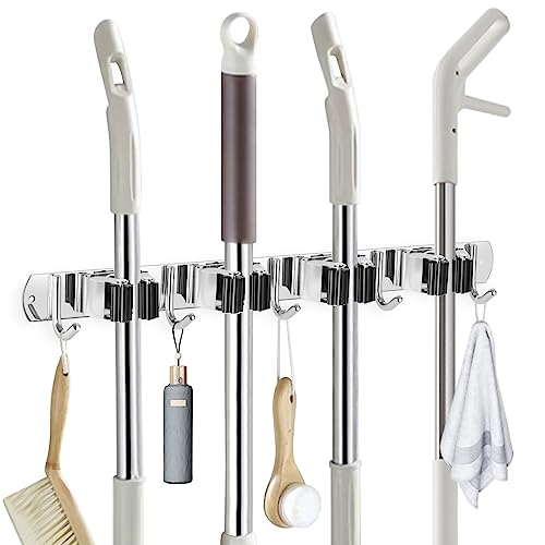 Broom Holder Wall Mount Stainless Steel Mop Organizer (Stainless Steel - 4 Racks with 5 Hooks / 1 Pack)