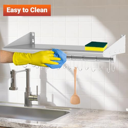 12" x 48" Stainless Steel Shelf Wall Mounted with 8 Hooks (12" x 48" / 1 Piece)