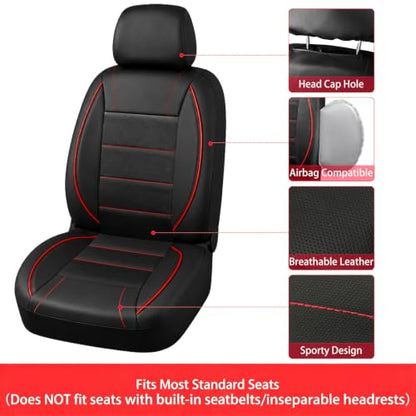 14 PCS Leather Car Seat Covers Full Set (Steering Wheel Cover Set / Black & red)