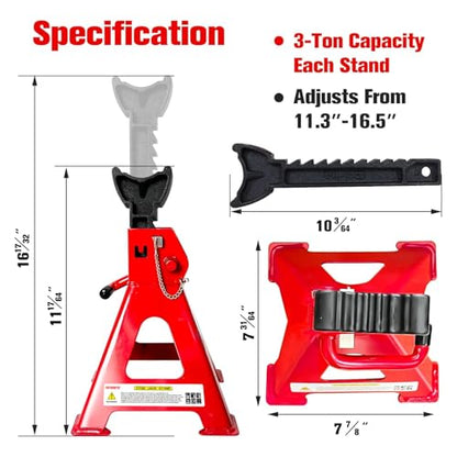 Jack Stands 3 Ton (3 Ton Double Pin Locking with Rubber Pads / Red)