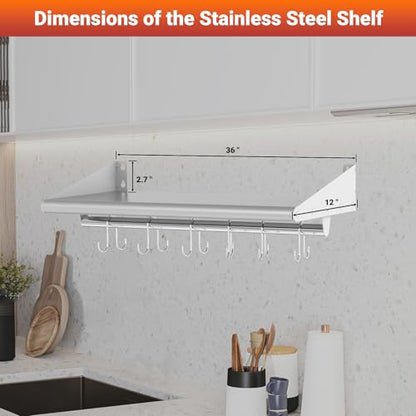 12"x36" Stainless Steel Wall Mount Floating Shelving with 6 Hooks (12" x 36" / 1 Piece)