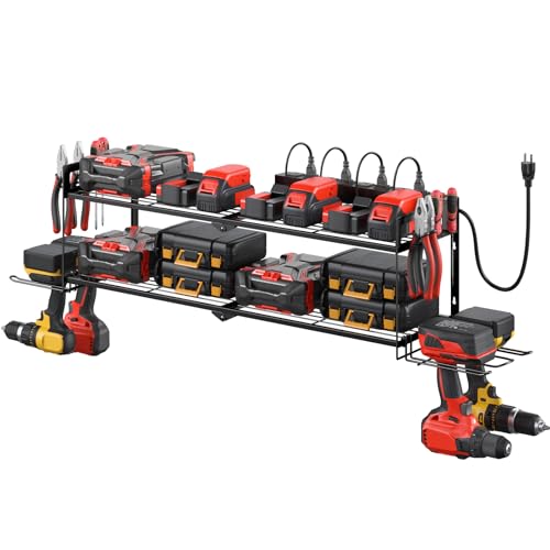 Large Garage Tools Storage with Charging Station. Power Tool Battery Organizer Utility Shelf with Power Strip. 4 Drills Holder Wall Mount Rack (Large / 2 Layer)