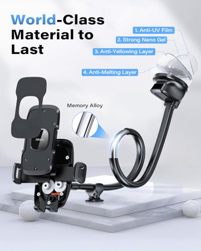 Solid Car Truck Phone Mount Holder Black with 14" Gooseneck Long Arm (Faux Leather Surface with Black Ring)
