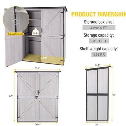 Outdoor Storage Shed Upgraded with Strong Metal Frame Garden Tool Shed Storage House Cabinet with Adjustable Shelfs and Wooden Floor 4.6 x 2.42FT (Off-White)