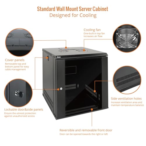 12U Wall Mount Server Cabinet IT Network Rack Enclosure Lockable Door and Side Panels Black (12U/Glass Door/Black)