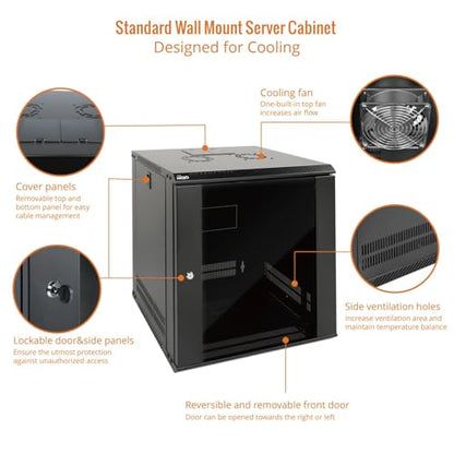 12U Wall Mount Server Cabinet IT Network Rack Enclosure Lockable Door and Side Panels Black (12U/Glass Door/Black)