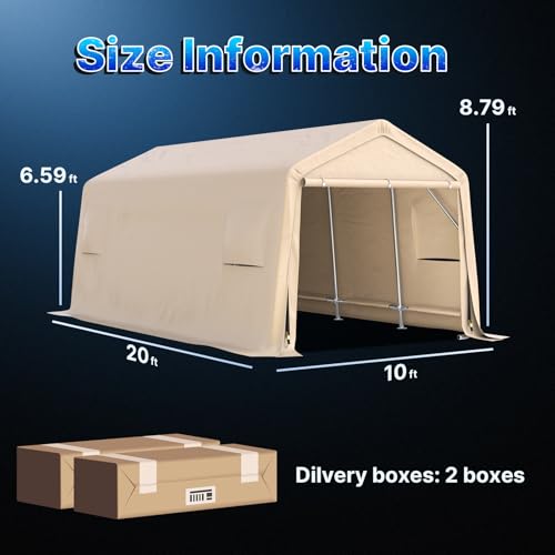Heavy Duty 10X20 ft Carport Outdoor Patio Portable Canopy Storage Shelter Shed with 2 Rolled up Zipper Doors & Vents for Snowmobile Garden Tools (Beige / 10'x20')