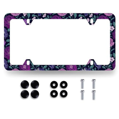 Stainless Steel Purple Floral Flowers License Plate Frame 12.3 x 6.3 Inch (Purple Floral Flowers Roses Peonies)