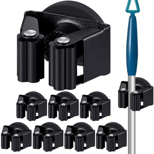 8 Pcs Magnetic Broom Holder Wall Mounted Anti Slip Rack (Black)
